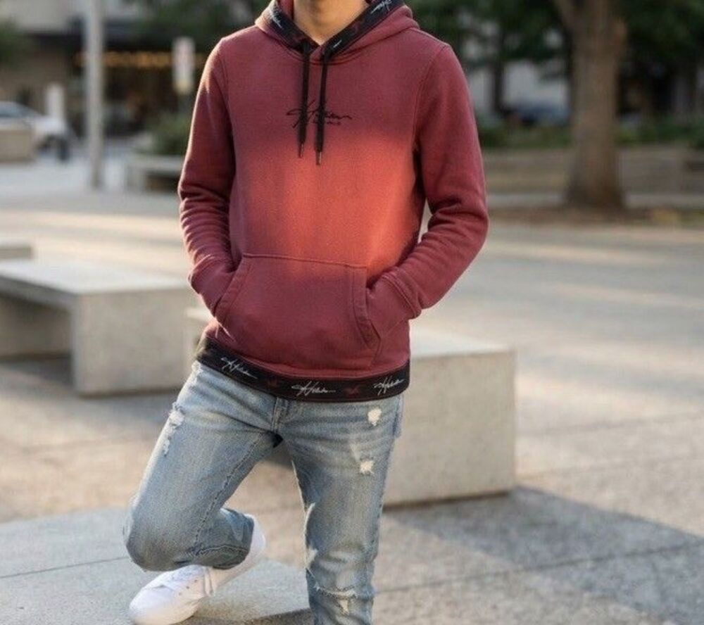 Hollister Hoodie Mens Sz XS Burgundy Maroon Script Logo Hem Band Pullover COOL